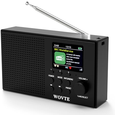 WOVTE DAB Digital Radio Colour Display Portable Rechargeable Battery or Mains Powered Small FM Radio with 80 Presets, Bluetooth, Aux In, TF Card USB Socket Alarm Clock Sleep Timer & Headphone Socket