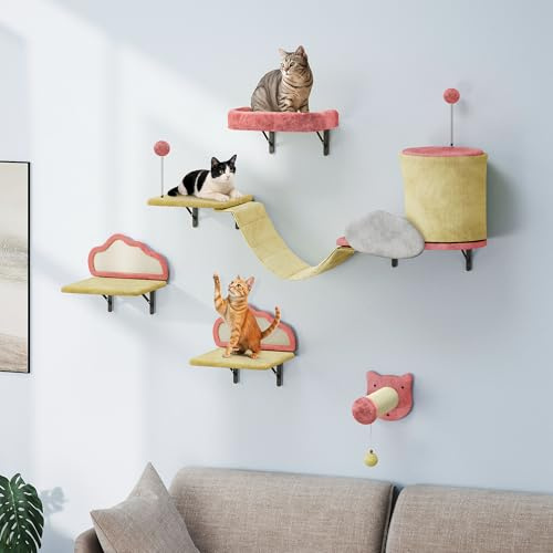 TAUS Flanell Wand-Kratzmöbel Set, 6-teilige stabile Katzenmöbel mit Katzenhaus, Schlafplatz, Hängebrücke, Sisal-Säule für Katzen zum Schlafen und Spielen