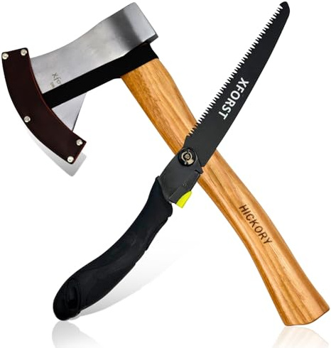 Xforst Set Hache Forestière X-UW800 + Scie Pliante X-FS24 – Ensemble Premium pour Forêt & Jardin | Hache avec Manche en Hickory + Scie Pliante 19,5 cm | avec Étui