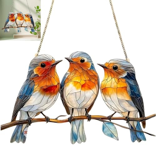 NBOFOL Sun Catchers For Windows,Hanging Garden Suncatcher Robin on Branch,Large Heart-Shaped Robin Suncatchers Stained Glass,Ro/bin Garden Ornament,Acrylic Window Hanging for Gar/den Gift Decor#29