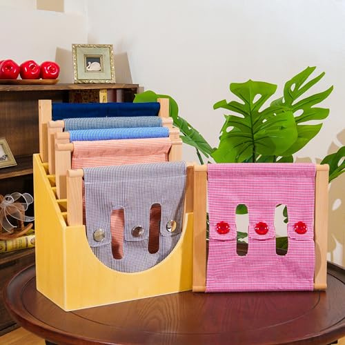 penepico Montessori Dressing Frames Set with Stand- 6 Toddler-Friendly Practical Life Frames & Cabinet, Solid Beechwood Fine Motor Skills Toys for Kids Ages 3+, Preschool & Homeschool