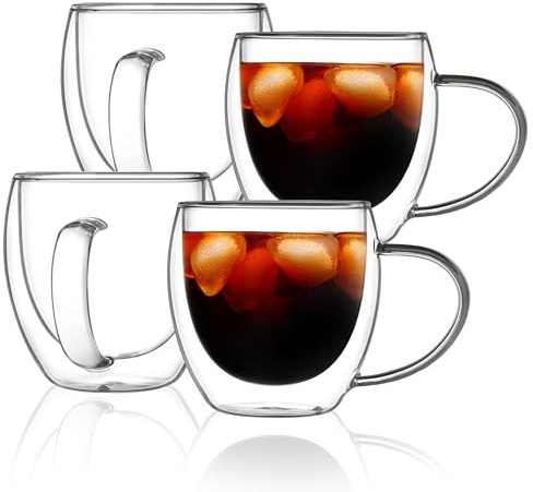 CNGLASS 350ml(4-Pack) Double Walled Glass Coffee Mugs,Insulated Glass Mugs with Handle,Clear Espresso Cups for Latte,Cappuccino,Tea Bag