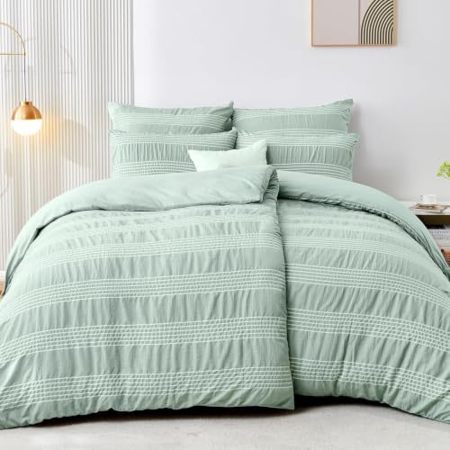 Qucover Funda Nordica Cama 135/150 - Verde Fundas para Edredón 200x200cm con 2 Fundas de Almohada 80x80cm, 3 Piezas Juego de Ropa de Cama de Diseño de Rayas Blancas con Cremallera