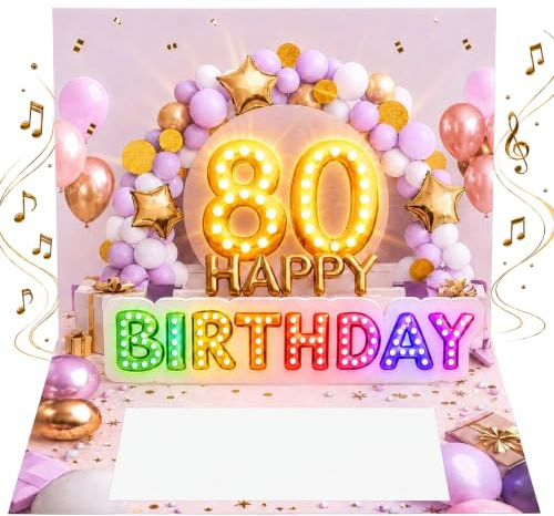 Joli Coon Geburtstagskarte 80 mit Musik und Licht, 20 x 15 cm | Pop-up-Mechanismus, Fächer für Geldscheine, Goldveredelung, passendes Kuvert, Siegelsticker, zum 80. Geburtstag
