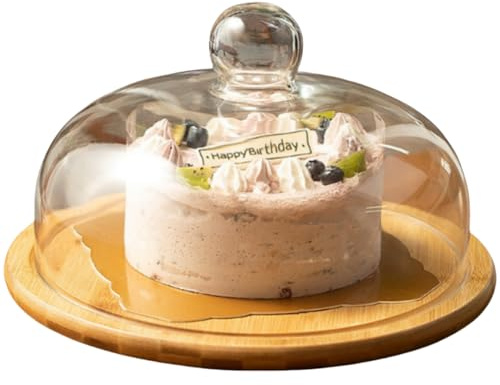 Cake Stand with Lid, 9.5 Inch Wooden Base Cake Display Stand with Glass Dome,Cloche Clear Glass Bell Jar Cover for Dessert Cheese Candy Plants Succulents