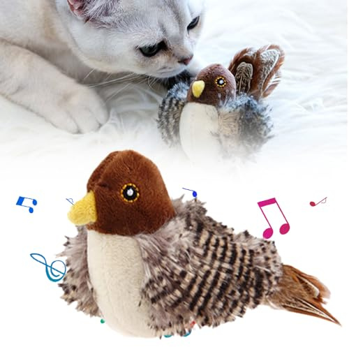 Katzenspielzeug Vogel Fliegt Elektrisch, 2025 Neuestes Interaktives Katzenspielzeug Elektrisch mit Vogelrufe Simulieren, Plüsch Zwitschernder Vogel Katzenspielzeug für Katzen Welpen (Braun, 1)