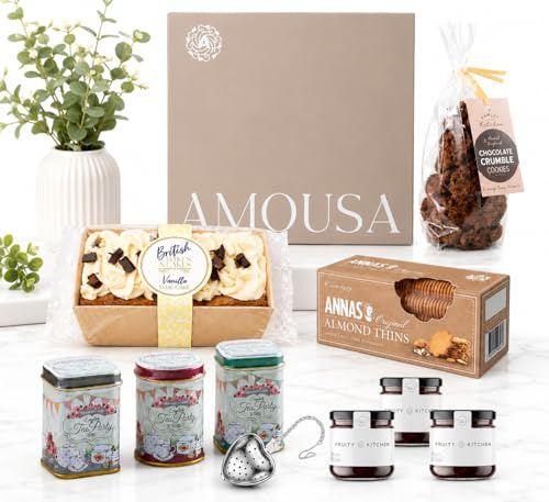 Afternoon Tea Hamper-Tea and Biscuits Gift Set With Earl Grey, Breakfast & Afternoon Loose Leaf Tins,Almond Thins, Loaf Cake, Cookies, Mini Jams & Heart Strainer, Mothers Day Hamper, Mothers Day Gifts