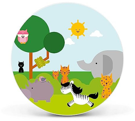 banjado Magnettafel Ø 47cm Weiß - Magnetwand aus Metall - Magnetpinnwand als Memoboard - Pinnwand Magnettafel Küche, Büro, Kinderzimmer inkl. 4 Magnete & Montageset - Wilde Tiere