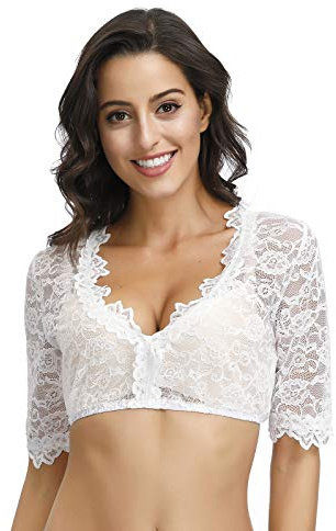 TrendiMax Damen Elegante Dirndlbluse, Schwarz Weiß Dirndl Bluse mit Spitze, Trachtenbluse für Oktoberfest, Weiß Rose, 40