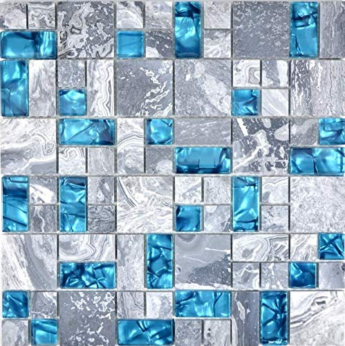 Mosaik Fliese Kombination Glasmosaik Crystal grau blau für WAND BAD WC DUSCHE KÜCHE FLIESENSPIEGEL THEKENVERKLEIDUNG Mosaikmatte Mosaikplatte | 10 Mosaikmatten
