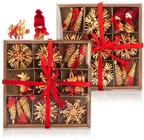 COM-FOUR® Set da 70 pezzi di ornamenti per alberi di Natale - Impiccagioni per alberi di Natale in paglia - coni, elfi, figure e stelle di paglia - Decorazioni natalizie