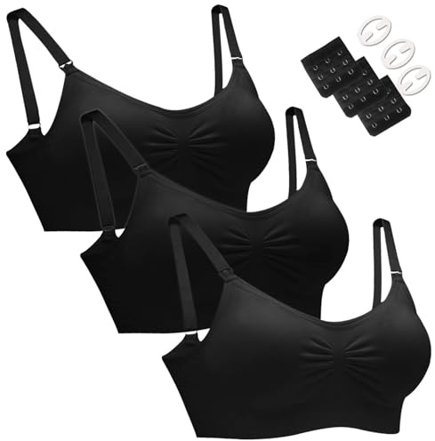 HOFISH Maternity Nursing Bras Seamless 3 Pack Sleep Bralette for Breastfeeding with Free Bra Extenders & Clips(Black,L)
