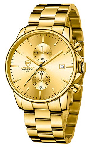 GOLDEN HOUR Montres pour Hommes d'affaires de Mode avec Montre à Quartz chronographe étanche en Acier Inoxydable pour Hommes, Date Automatique (Or)