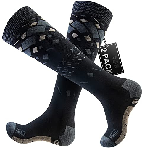 OutdoorMaster 2 Pares Unisex Calcetines de Esquí para Mujer & Hombre, Calcetines Invierno Snowboarding Transpirables Térmico para Deportes al Aire Libre con Diseño OTC/Puño Antideslizante