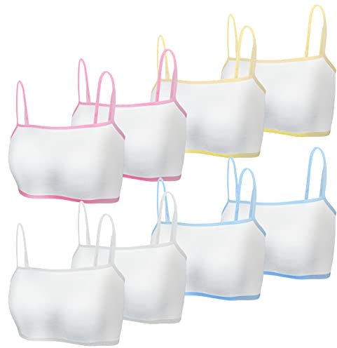 8 Pack Cotton Teen Girl’s Sport Bra, Girls Cotton Training Crop Bra, Training Strap Bra with Elastic Shoulder Suitable, Camisole Style Lightweight Seamless Kids Sports Bra for Girls 8-12 Years White