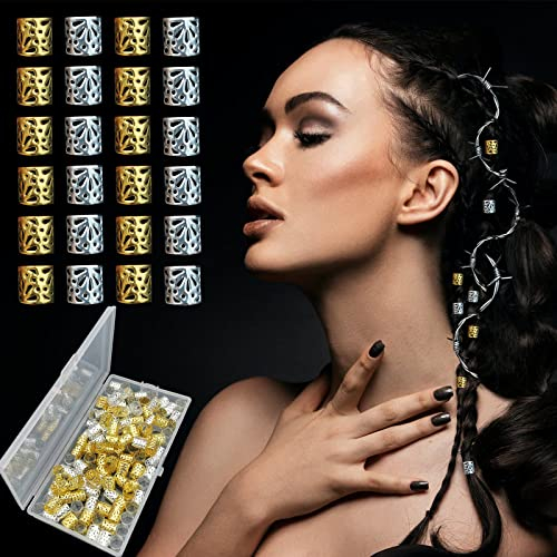 Flosius 120 Stück Dreadlock Schmuck Gold Haarschmuck Silber Haarperlen für Mädchen Zöpfe Zubehör Verstellbar Manschetten Eisen Flechten Haarring für Frauen Haarperlen Clip(J)