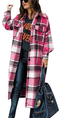 EFOFEI Donna Giacca Camicia Extra Lunga Stile Urban Cappotto Lungo a Quadri Autunno Inverno Tempo Libero Blusa a Quadri Camicia Button Down a Maniche Lunghe Blusa Rosa Rosso S