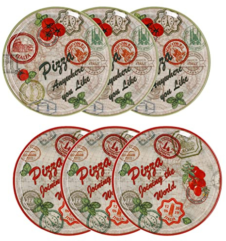 MamboCat 6er Set Pizzateller Moskau & Rom Grün & Rot Ø 31,5 cm I Weisse Porzellan Teller mit Motiven zum Servieren für Antipasti und Tomate-Mozzarella I Pizza Platten Frühstücksteller farbig