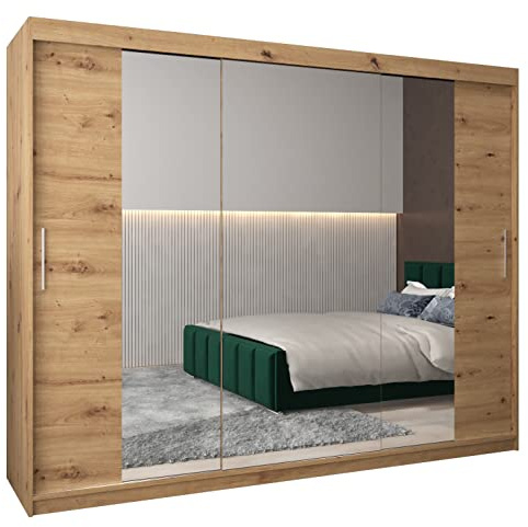 MEBLE KRYSPOL Kleiderschrank mit Spiegel Tokyo 2 - Garderobenschrank - Schrank Schlafzimmer - Mehrzweckschrank DREI Schiebetüren - Regalen - Flur Möbel - Kleiderstange Schrank - Allzweckschrank
