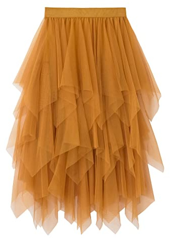 Kukeyiee Falda de Las Mujeres Tul Tutu Irregular Bajo la Falda en Capas Falda Ballet Prom Party Vestido Plisado A-Line Midi Falda Caqui Talla única