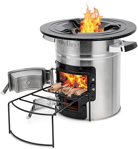 Onlyfire Raketenofen Outdoor, Camping Holzofen aus Edelstahl, Campingkocher Holz für Dutch Oven, Grillpfannen, Brennholzständer, Doppeltür-Design, Outdoor Kochen, Hobo Ofen, BBQ Campingofen