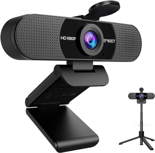 EMEET Full HD Webcam - C960 Kit 1080P Webcam mit Objektivabdeckung & Dual Mikrofon, 90 ° Streaming Kamera mit Automatische Lichtkorrektur, Plug & Play, Webcam mit Stativ für Linux, Win10, Mac OS