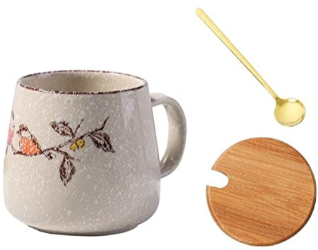 MAGICVOGEL 350ml Kaffeebecher Keramik Kaffeetasse mit Deckel und Löffel Espressotasse Teetasse Geschenke für Geburtstag Weihnachten Muttertag Vatertag (Vogel)