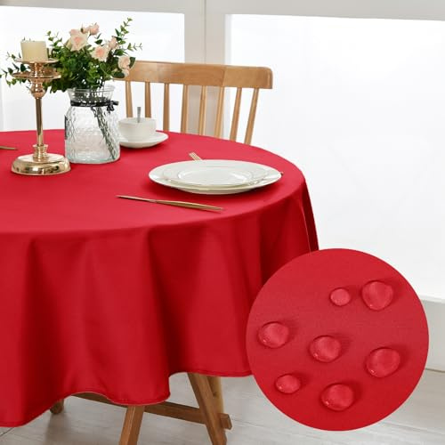 DWCN Rot Tischdecke Rund 160cm Fleckschutz Abwaschbar Tischwäsche Waschbar | Wasserdicht Tischtuch Kratzfest Outdoor-Tischdecken für Esszimmer,Garten,Party,Hochzeiten oder Haushal Weihnachten Neujahr