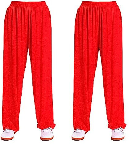 G-LIKE Kampfkunst Tai Chi Trainingshosen – 2 Hosen für Kampfsport Taiji Kung Fu Wushu Yoga Unisex Damen Herren Freizeithose Weite Beine aus Viskose (as3, Alpha, s, Regular, Regular, Rot)