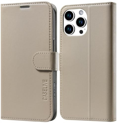 CASELIVE Wallet Case for iPhone 15 Pro, Genuine Leather Case with [Card Holder] [Screen Protector] [RFID Blocking][Shockproof TPU Inner Shell] Kickstand Foli Cover for iPhone 15 Pro 6.1''(Taupe)