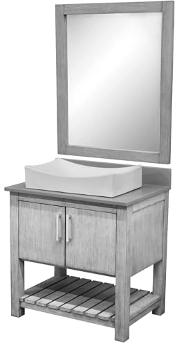 Miseno MV-30SG-NOBV-280-1141-MIR 30 Free Standing Single Basin Vanity Set with Cabinet, Grey Quartz Vanity Top, Porcelain Vessel Sink and Mirror - Stonewash Grey/Storm Grey Top/Chrome Hardware