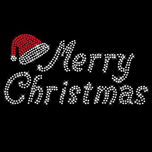 Glitzerdeals Bügelbilder Karneval Strass Weihnachtsmotiv Merry Christmas mit Weihnachtsmütze Aufbügler für Textilien Schneeflocken Bügelmotiv Wintermotiv Strass Bügelbild Weihnachten