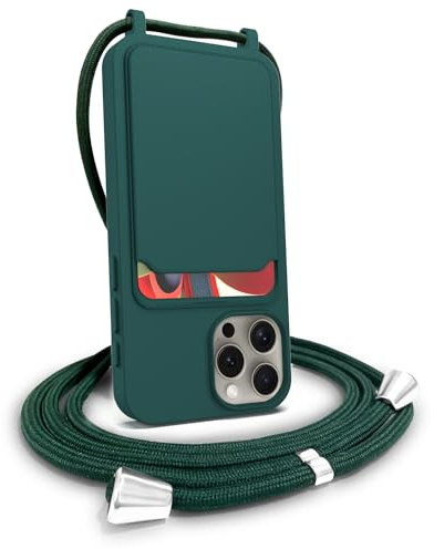 FOQENCCI for iPhone 15 Pro Max Crossbody Phone Case with Card Holder,Liquid Silicone Slim Fit Anti-Scratch Shockproof Phone Cover with Adjustable Neck Strap Dark-Green 6.7 inch