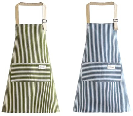 EUPSIIU 2 Pcs Stripe Bib Apron with Pockets, Adjustable Apron for Cooking, Baking, Gardening, Household Cleaning, Restaurant (Green, Blue)
