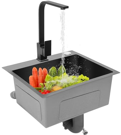 AOOUNGM Spülbecken Edelstahl 45x40 cm Einbauspüle, Spüle mit Armatur Set, Küchenspüle Schwarz für kleine Küchen, Küche Waschbecken