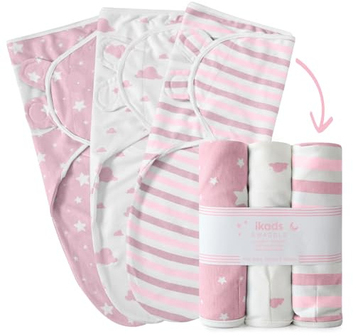 ikads Baby Wickeldecke 0-3 Monate - 100% atmungsaktiver Bio-Baumwollstoff - Baby Swaddle Wrap für Neugeborene - 3 Stück Baby Pucktücher für Neugeborene mit Haken & Schlaufe (Rosa)