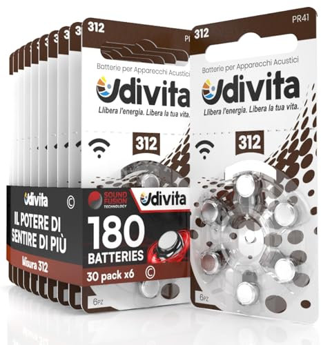 180 Pile Per Apparecchi Acustici Udivita Misura 312 Batterie Zinco Aria - 30 Blister da 6 Pile