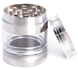 HIBRON Grinder Molinillo de Hierbas,Molinillo de Especias de Aluminio de 4 Piezas con Camara Transparente,Con Raspador de Polen,Portátil y Antiadherente (1, Plateado)