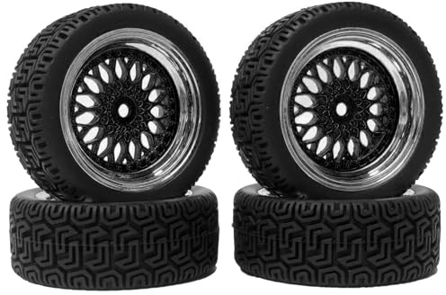 KINGCOO RC Auto Reifen und Räder Set, 4Stück 68mm Gummireifen Kunststoffbeschichtung Rad Felgen für 1/10 RC On-Road Racing Auto 1/16 RC Rallye Auto für HSP HPI Kyosho Tamiya (Schwarz Silber)