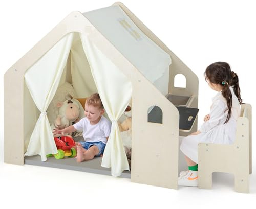 COSTWAY 6 in 1 Tenda per Bambini in Legno, Grigio, 98 x 131 x 113 cm | Tenda Casetta da Gioco con Tavolo e Sedia, Tappetino Morbido, Tappetino Lavagna Bifacciale e 6 Scatole Portagiochi Rimovibili