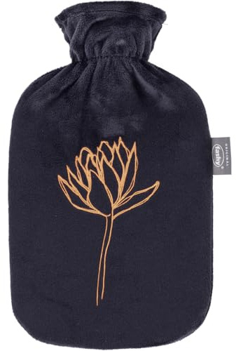 Fashy Wärmflasche 2,0 L mit Flauschbezug und Applikation Blume, schwarz