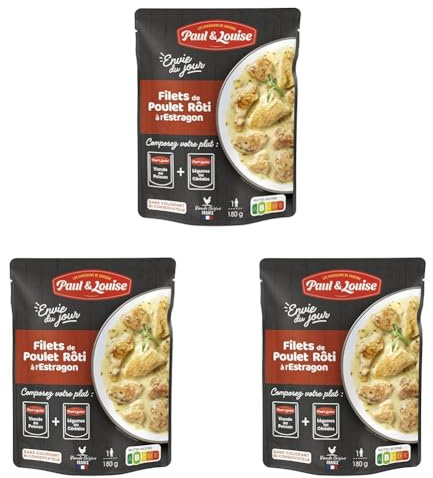 Paul & Louise Envie Du Jour - Filets de poulet rôti à l'estragon 180g - Sachet micro ondable - Prêt en 2 min - À combiner avec nos sachets d'accompagnements - Légumineuses ou Céréales (Lot de 3)