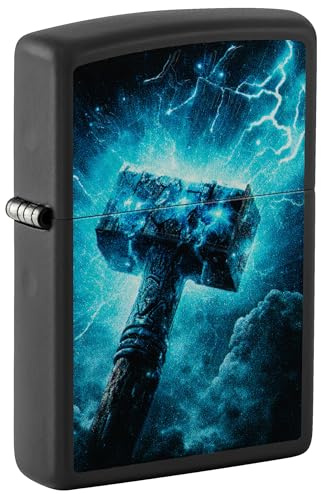 Zippo Sturmfeuerzeug - Thors Hammer Design - Schwarz Matt - Black Light Effekt - Nachfüllbar - Wiederverwendbar - Windfestes Design - Geschenkbox - Made in USA