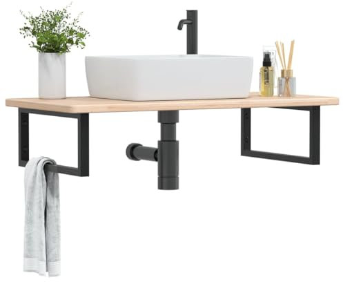 Somanki Waschtischplatte mit Halterung Stahl und Massivholz Eiche, Arbeitsplatte, Holzplatte, Schreibtischplatte, Waschtischplatte, Küchenarbeitsplatte - 3302385