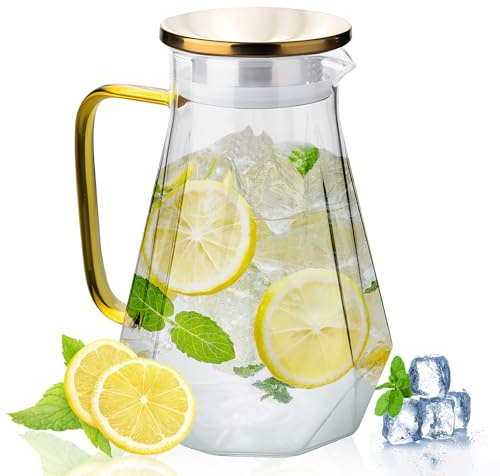 2L Glass Water Jug with Lid & Handle, Diamond-Textured Water Pitcher with Gold Stainless Steel Lid, Non-Drip Spout, Heat Resistant & Fridge Safe for Juice, Tea, Milk, Hot & Cold Drinks