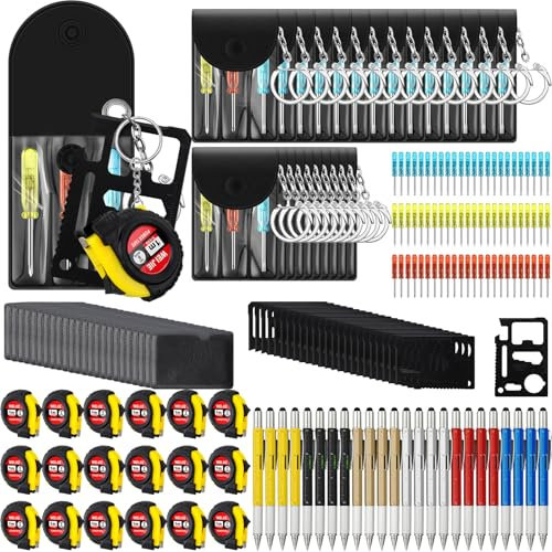 Saysurey Juego de 96 llaveros de mini destornillador de cinta, llaveros de medición a granel, multiherramienta, bolígrafo de supervivencia, juego de tarjetas de crédito, regalo para padre, Navidad,