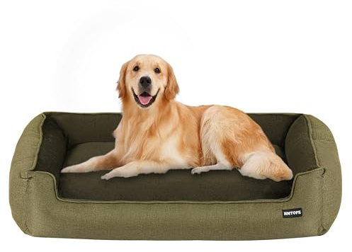 HMTOPE Hundebett Grosse Hunde XL, Abnehmbar waschbar, 110x86cm, Olivgrün | Angstlösend hundesofa, Weich Atmungsaktiv Hundekissen, Hundekorb, Rutschfeste Unterseite