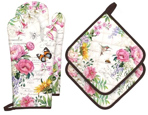 Arquiel Blumen Schmetterlinge Ofenhandschuh & Topflappen 4er-Set | Baumwoll-Küchenset mit Blumen Schmetterlinge-Motiv, hitzebeständig und praktisch zum Kochen, Backen und Grillen.