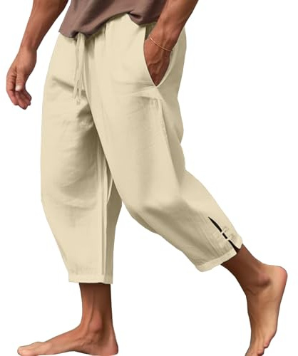 CheChury Pantalon Lin Homme Été en Coton Léger Décontracté pour Plage et Jogging avec Élastique et Poches 3/4 Casual Yoga