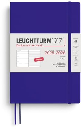LEUCHTTURM1917 372807 Veckokalender och anteckningsbok medium (A5) 2026, 18 månader 07.2025-12.2026, mjukt skydd, bläck och engelska